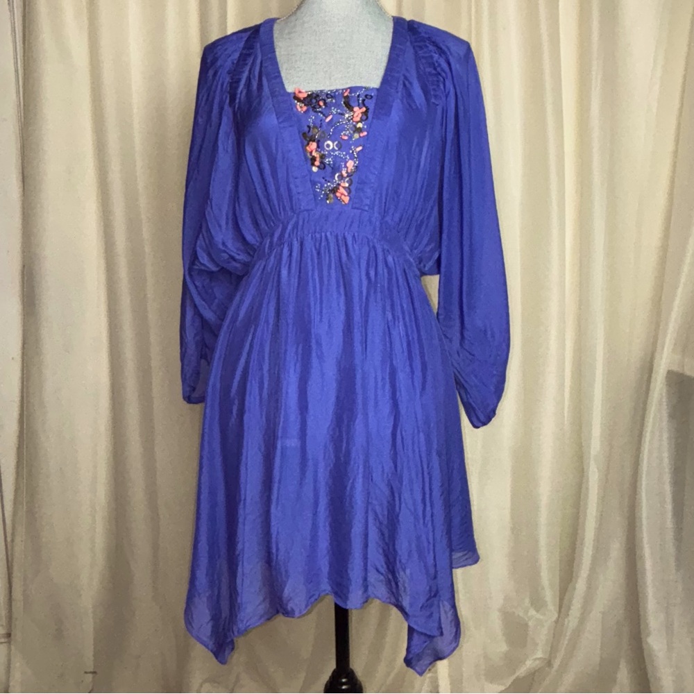 Leifsdottir Anthropologie Silk Chiffon Beaded Long Sleeve Mini Dress